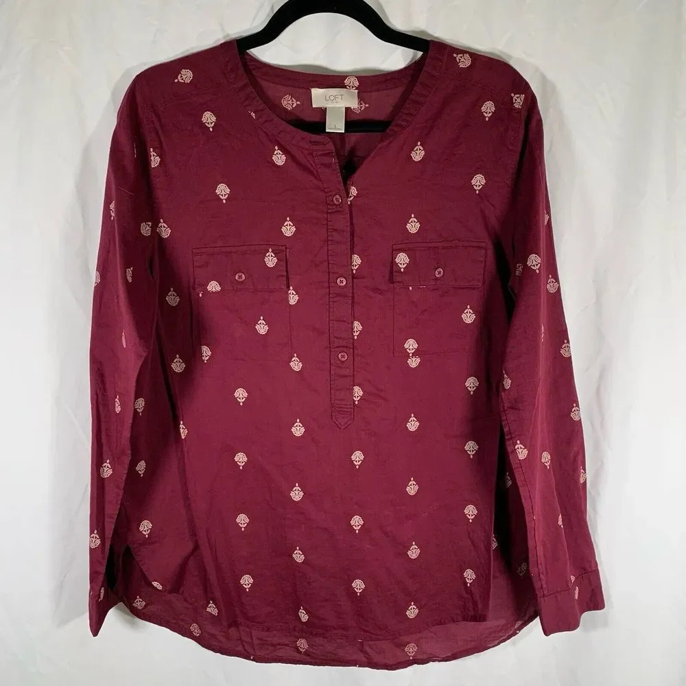 Loft Blouse Women’s Large Burgundy Light Long Sleeve Button Down Top